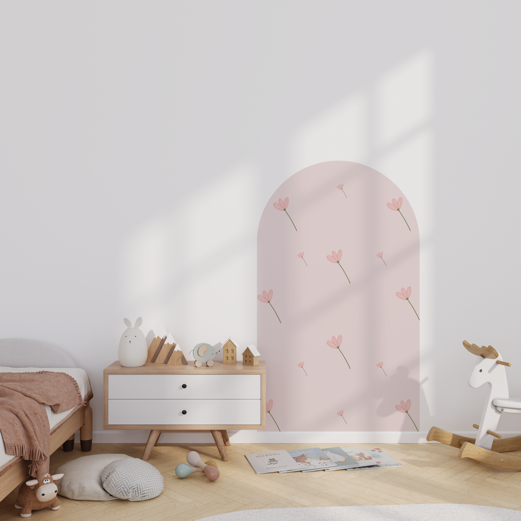 Moderner Blumen-Bogen als Wandtattoo im Kinderzimmer, 150cm hoher floraler Arch in zartem Rosa, Interior Trend Wandgestaltung mit matter Textil-Haptik, PVC-frei.