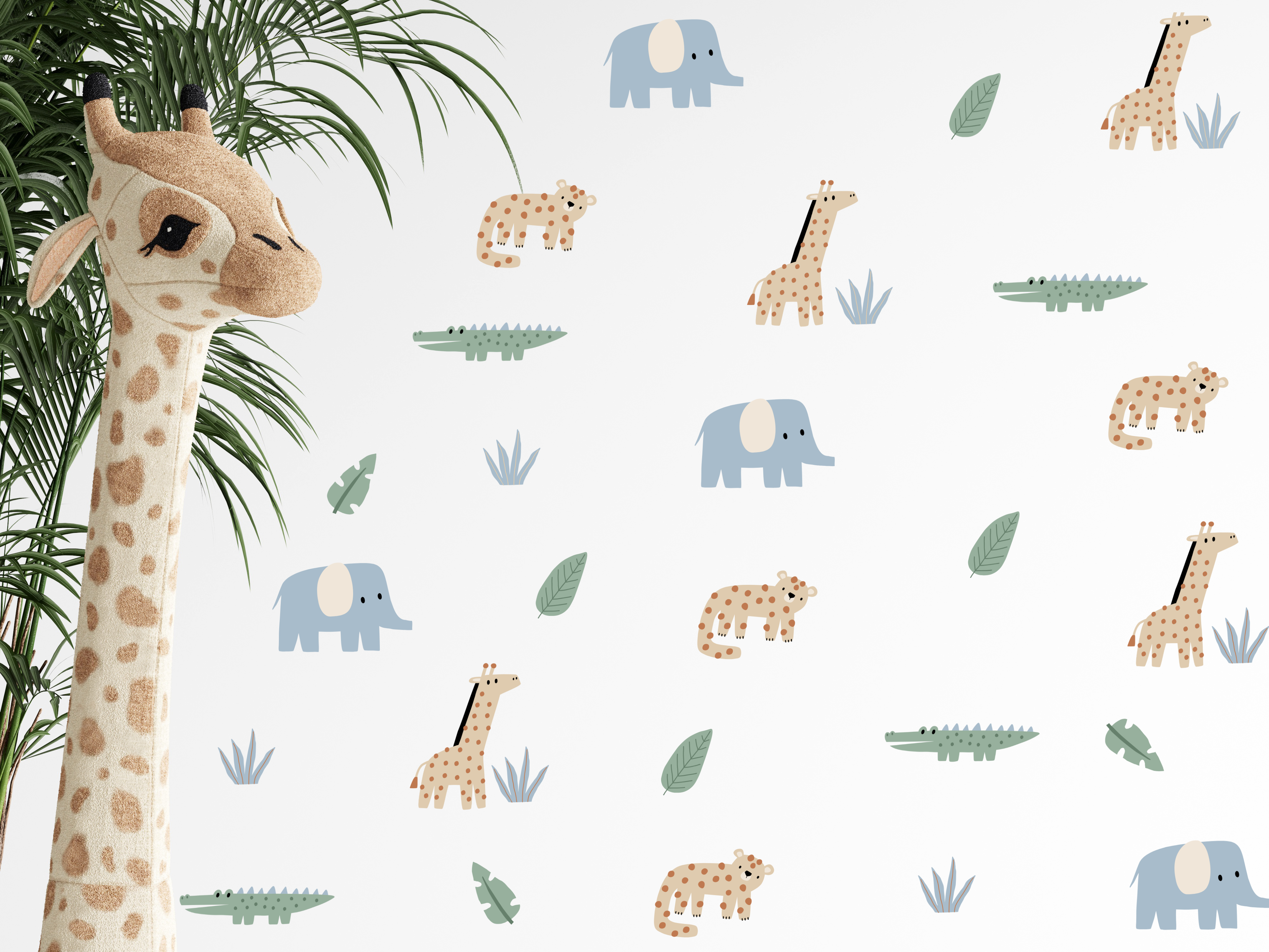 Detailansicht bunter Savannentiere als Wandtattoo, fröhliche Aquarell-Farben mit hoher Pigmentierung, matte Textil-Struktur ohne Plastik-Glanz, PVC-frei und kindersicher.