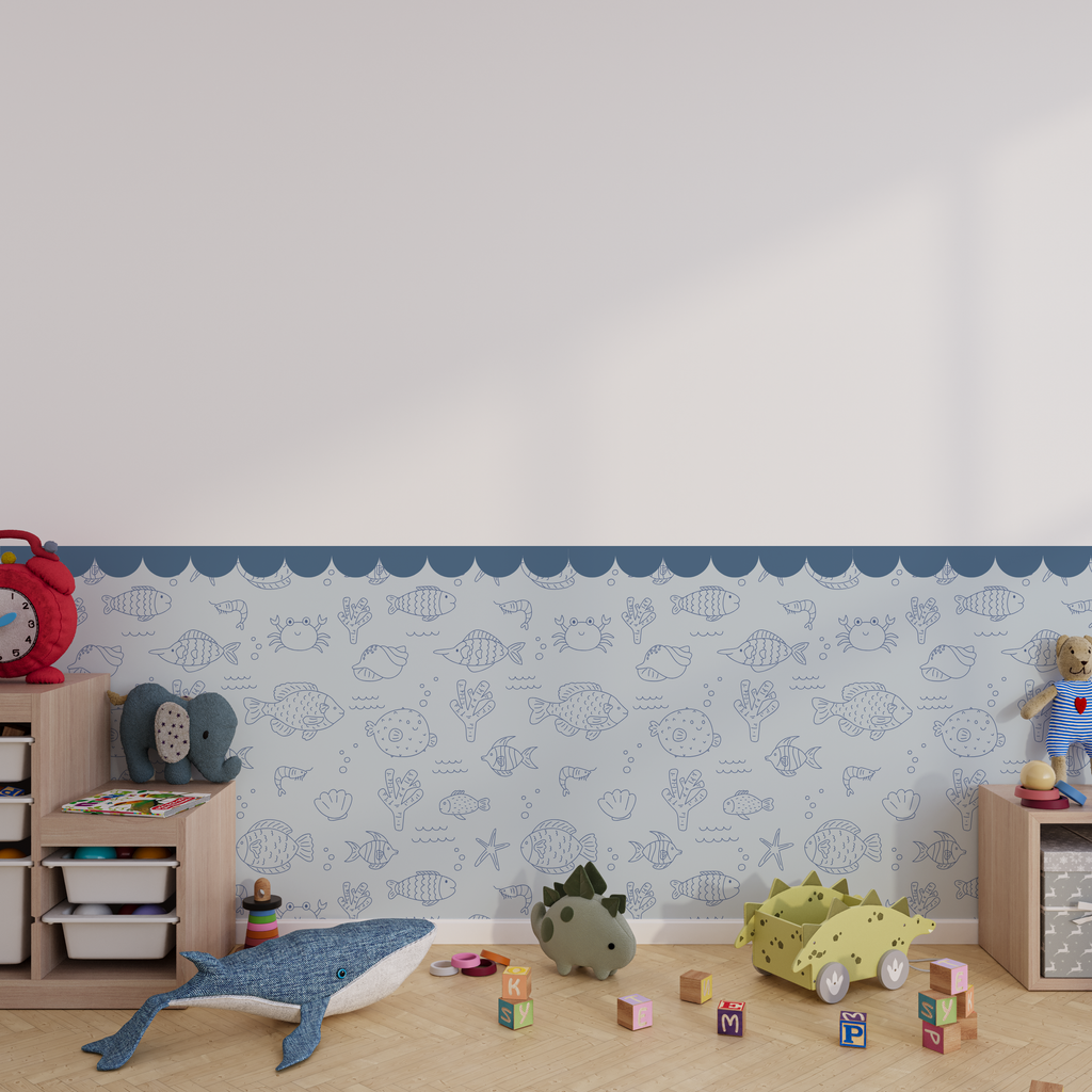 Unterwasser Wandtattoo in Tapetenoptik in blau im Kinderzimmer auf der Wand, pvc-frei und nachhaltig