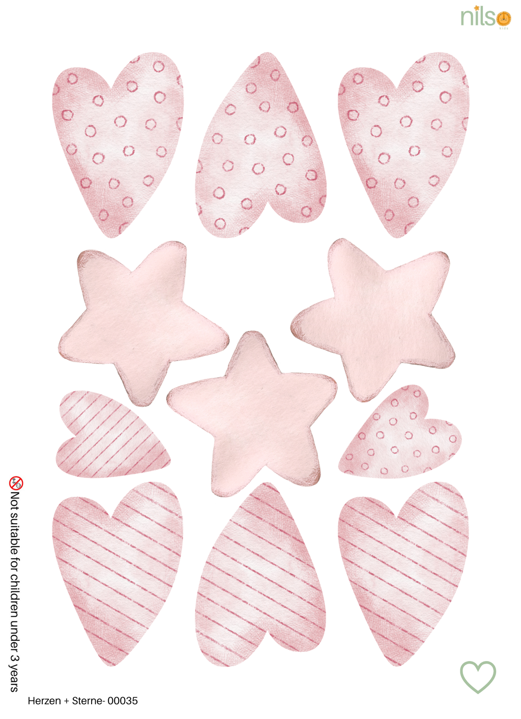 Set aus kleinen Herzen und Sternen als Wandtattoo im Kinderzimmer, matte Aquarell-Optik in Pastelltönen, PVC-frei aus Textil-Gewebe, hergestellt in der EU.
