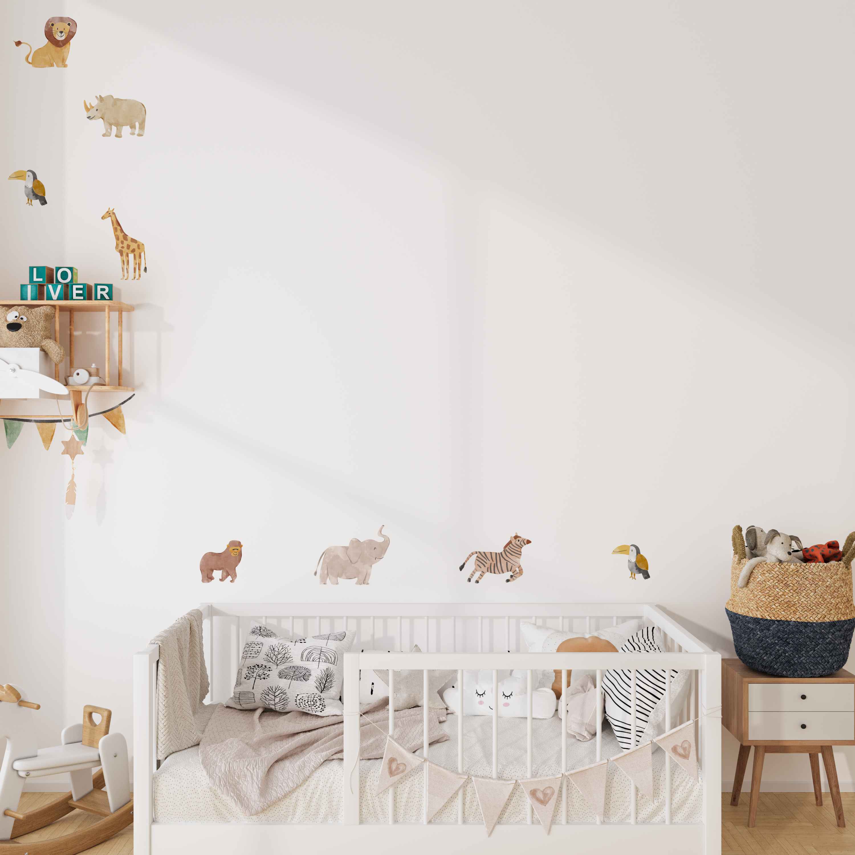 Komplett dekoriertes Safari-Wandtattoo Set im Kinderzimmer mit Girlande und Aquarell-Tieren, großflächige Wandgestaltung im Dschungel-Look, matte Textil-Haptik, PVC-frei.
