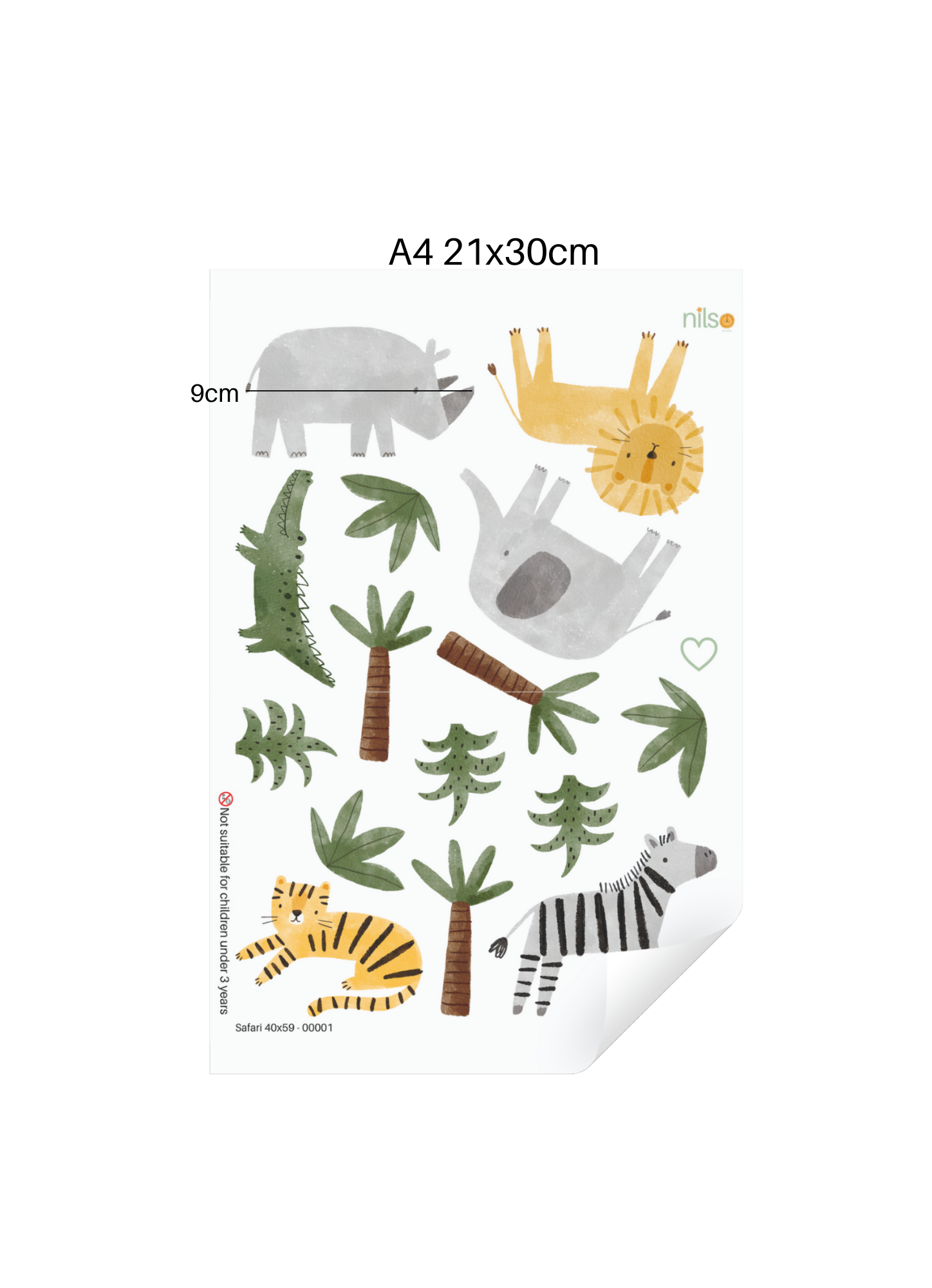 Buntes Savannentiere Wandtattoo Set fürs Kinderzimmer im Aquarell-Stil mit Löwe, Giraffe und Elefant, matte Textil-Optik auf weißer Wand.